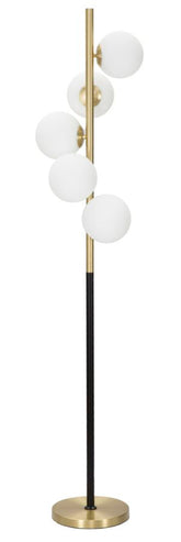 Lampe sur pied 5 lumières Glamyy Métal doré et noir sphères en verre blanc