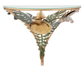 Table de chevet semi-circulaire en métal doré et verre décorée de feuilles et fleurs multicolores