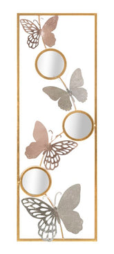 Panneau mural décoratif 3D papillons multicolores et miroirs ronds cadre rectangulaire