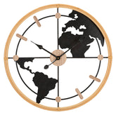 Horloge murale ronde Monde décorée en Métal Noir et bois naturel