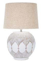 Lampe de table ronde Athènes Résine Blanc abat-jour Tissu Beige