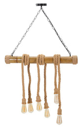 Lampe suspendue métal bambou et corde 6 points lumineux