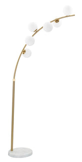 Lampe sur pied arquée Glamy Métal Doré base Marbre 6 Sphères Verre Blanc
