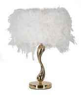 Lampe de table Chariot métal doré abat-jour plumes synthétiques Blanches