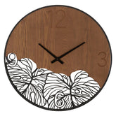Horloge murale ronde Bois métalisé avec décor feuille