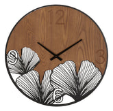 Horloge murale ronde métal et bois sculptures feuilles