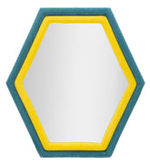 Miroir mural hexagonal cadre en bois Tissu Velours Bleu et Jaune