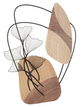 Panneau mural décoratif 3D en métal et bois avec formes abstraites et feuilles élégantes
