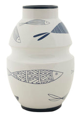 Vase en céramique blanche décoré de poissons et motifs bleus