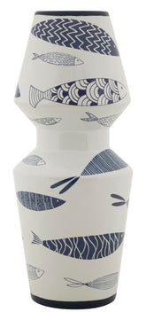 Vase en céramique blanche décoré de poissons et motifs bleus