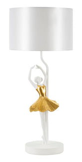 Lampe de table Danseuse métal et résine robe dorée abat-jour tissu blanc