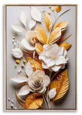 Peinture murale avec cadre en bois et métal doré Fleurs et Feuilles