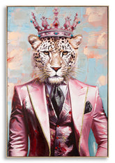 Peinture murale Léopard couronné cadre métal doré et bois