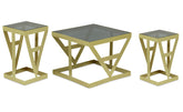 Ensemble de 3 tables d'appoint en verre fumé et métal or