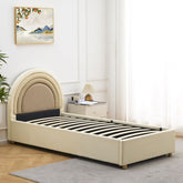 Lit simple avec sommier relevable et tête de lit en arche Carlette simili beige