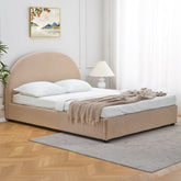 Lit-coffre Carualis avec tête de lit arrondie 140x190cm tissu bouclette beige