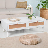 Table basse Carnes avec cannage et 2 tiroirs blanc 120 cm