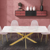 Table à manger en verre effet marbre Aslel avec pieds métalliques or