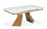 Table à manger extensible Icaria en Verre effet Marbre Blanc et pieds Or