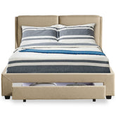 Lit double Frowell avec tiroir de rangement intégré et sommier 140x190cm Tissu Beige
