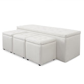 Banquette-Coffre Panky et ses 3 poufs blancs assortis