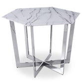 Table hexagonale 120cm Zadig Verre Effet marbre blanc et pied Métal Argent