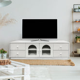 Meuble tv Caria 140cm avec portes vitrées et tiroirs blanc texturé