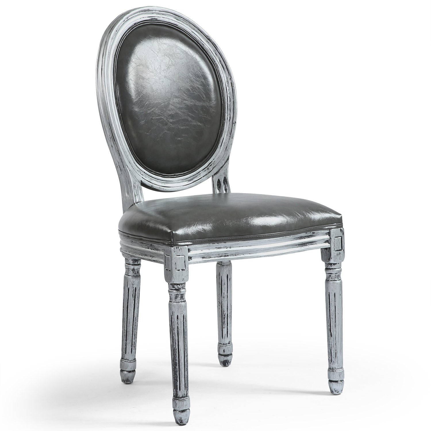 La chaise médaillon Louis XVI Tissu enduit gris et bois patiné argent