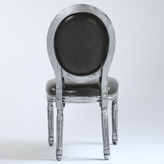 La chaise médaillon Louis XVI Tissu enduit gris et bois patiné argent vue de dos