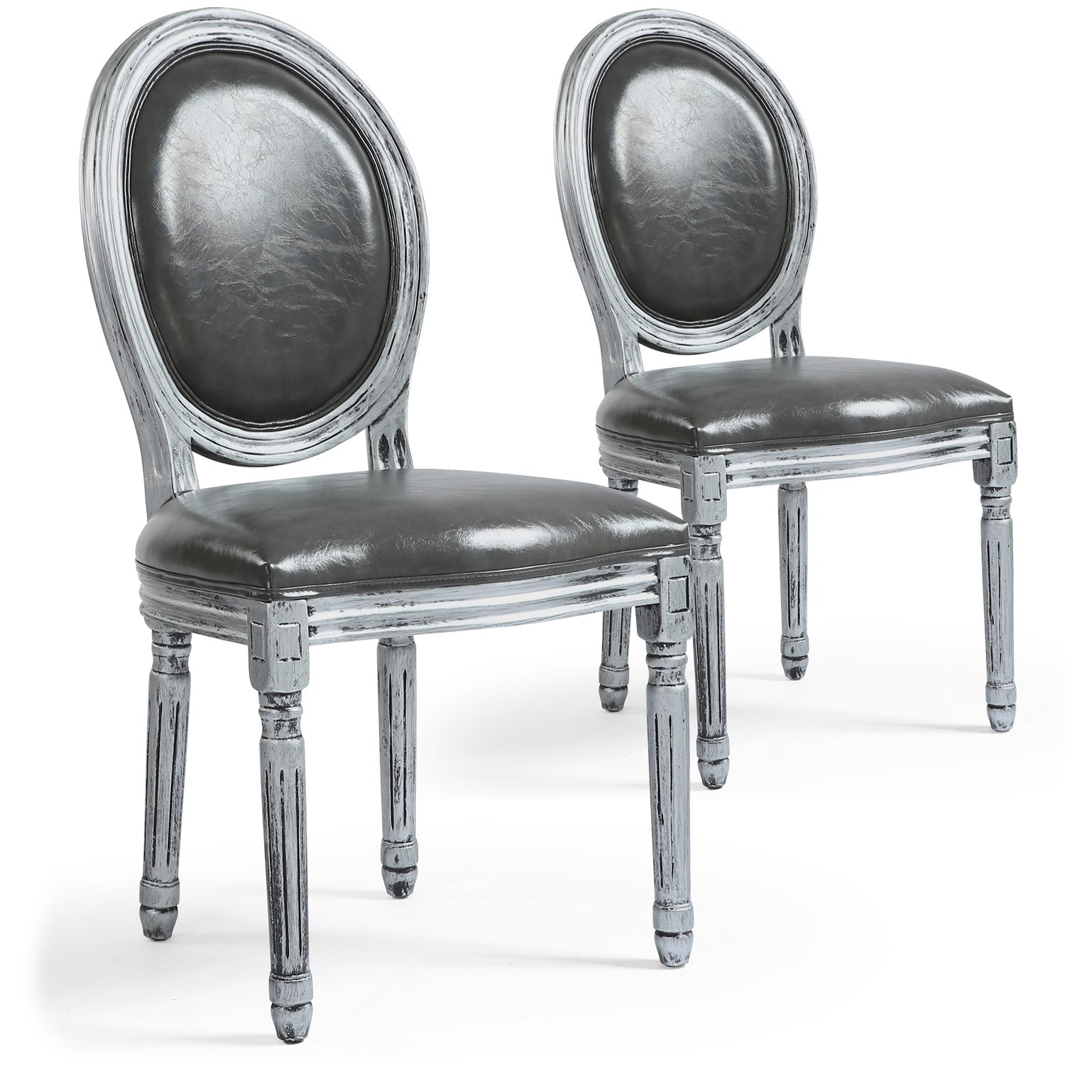 Lot de 2 chaises de style, chaises Louis XVI Tissu enduit gris et bois patiné argent