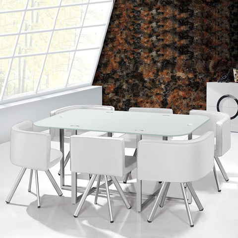 Table rectangulaire en verre blanche avec 6 chaises gain de place