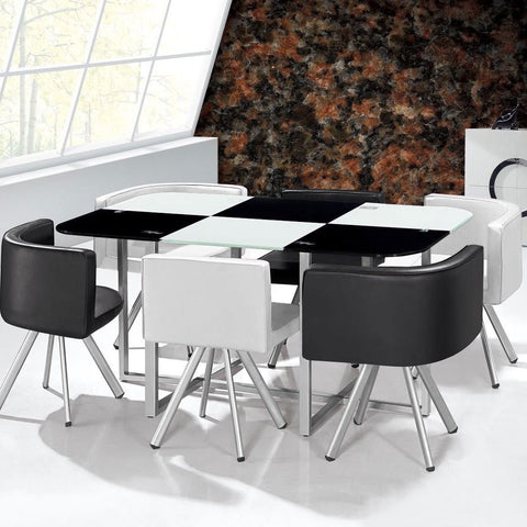 Table rectangulaire mosaïque XL bicolore noir et blanc avec 6 chaises