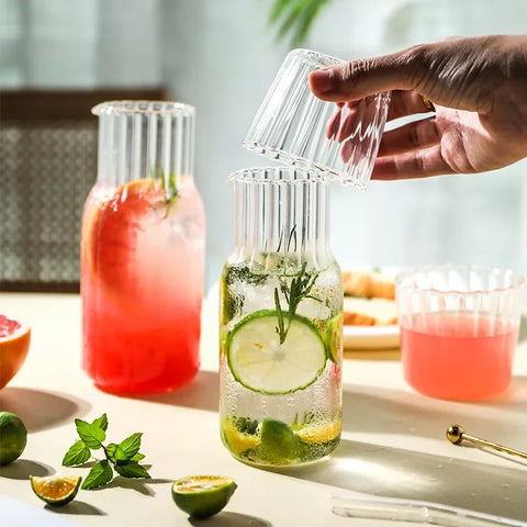 Bouteille d'eau en verre avec ensemble de gobelets en verre, Carafe de chevet avec gobelet, verres, pichet pour boissons au lait, thé