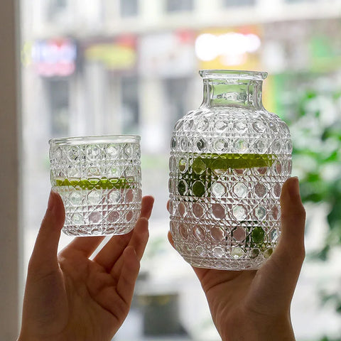Carafe de chevet et ensemble de gobelets en verre d'eau, pichet d'eau en verre Vintage avec ensemble de tasses pour chambre à coucher, motifs en Relief rétro