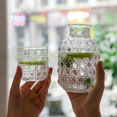 Carafe de chevet et ensemble de gobelets en verre d'eau, pichet d'eau en verre Vintage avec ensemble de tasses pour chambre à coucher, motifs en Relief rétro