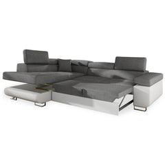 Canapé d'angle convertible avec têtières réglables, angle gauche, simili blanc et tissu gris clair