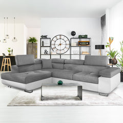 Canapé d'angle convertible avec têtières réglables, angle gauche, simili blanc et tissu gris clair
