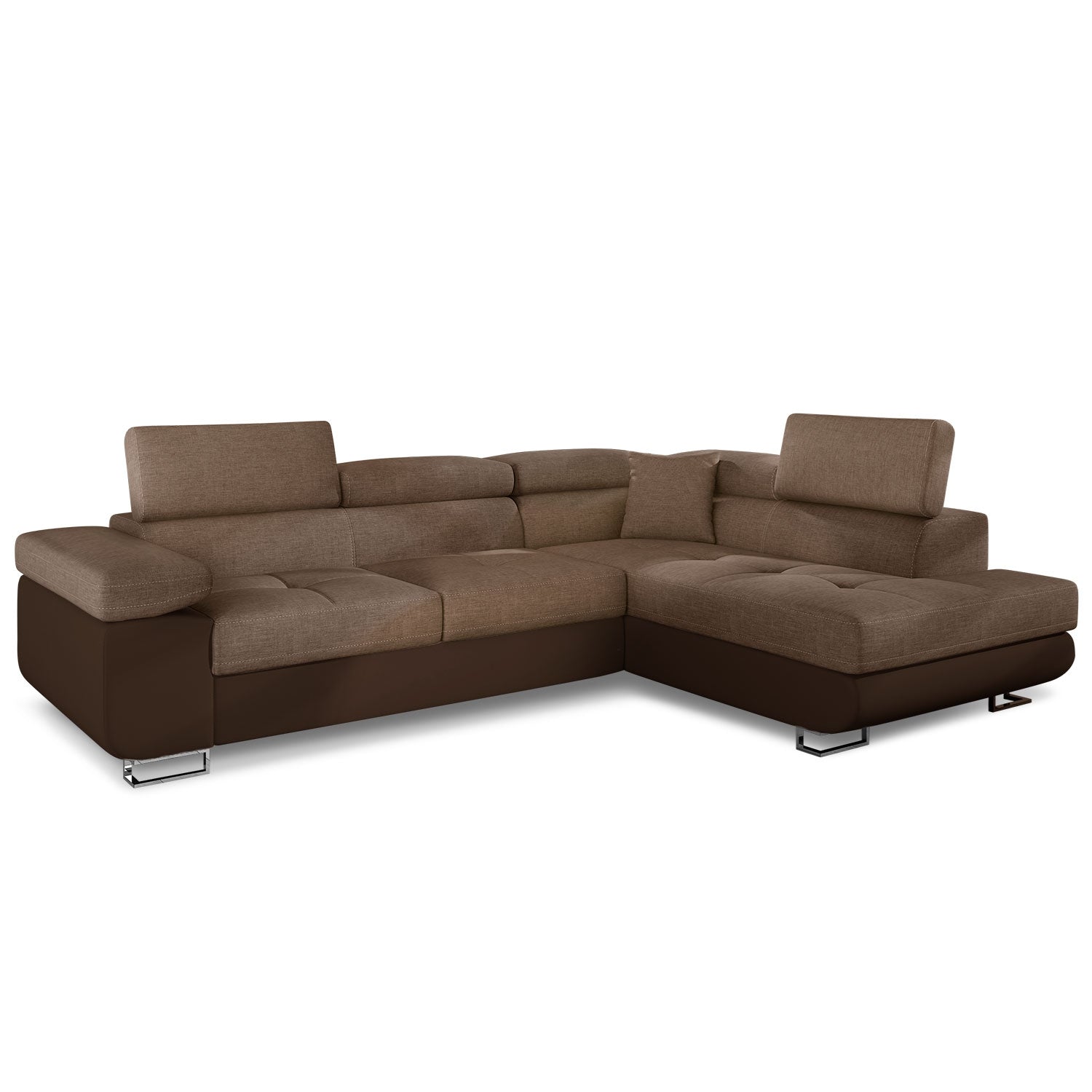 Canapé d'angle convertible Antoni avec têtières relevables angle droit simili Marron et tissu Marron