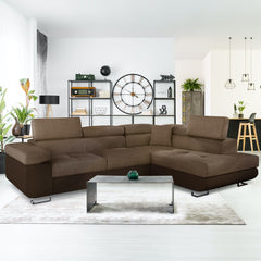 Canapé d'angle convertible avec têtières relevables à droite simili et tissu marron