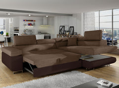 Canapé d'angle convertible Antoni avec têtières relevables angle droit simili Marron et tissu Marron