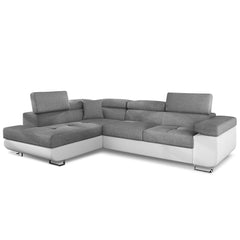Canapé d'angle convertible Antoni avec têtières relevables angle gauche simili Blanc et tissus Gris clair