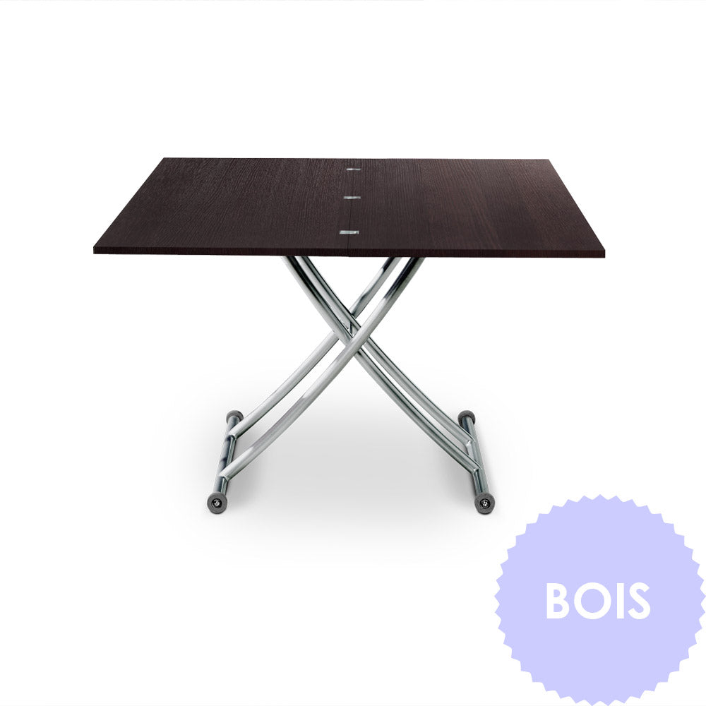 Table basse relevable Carrera Bois wenge en position haute et dépliée