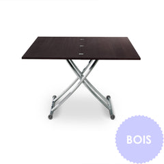 Table basse relevable Carrera Bois wenge en position haute et dépliée