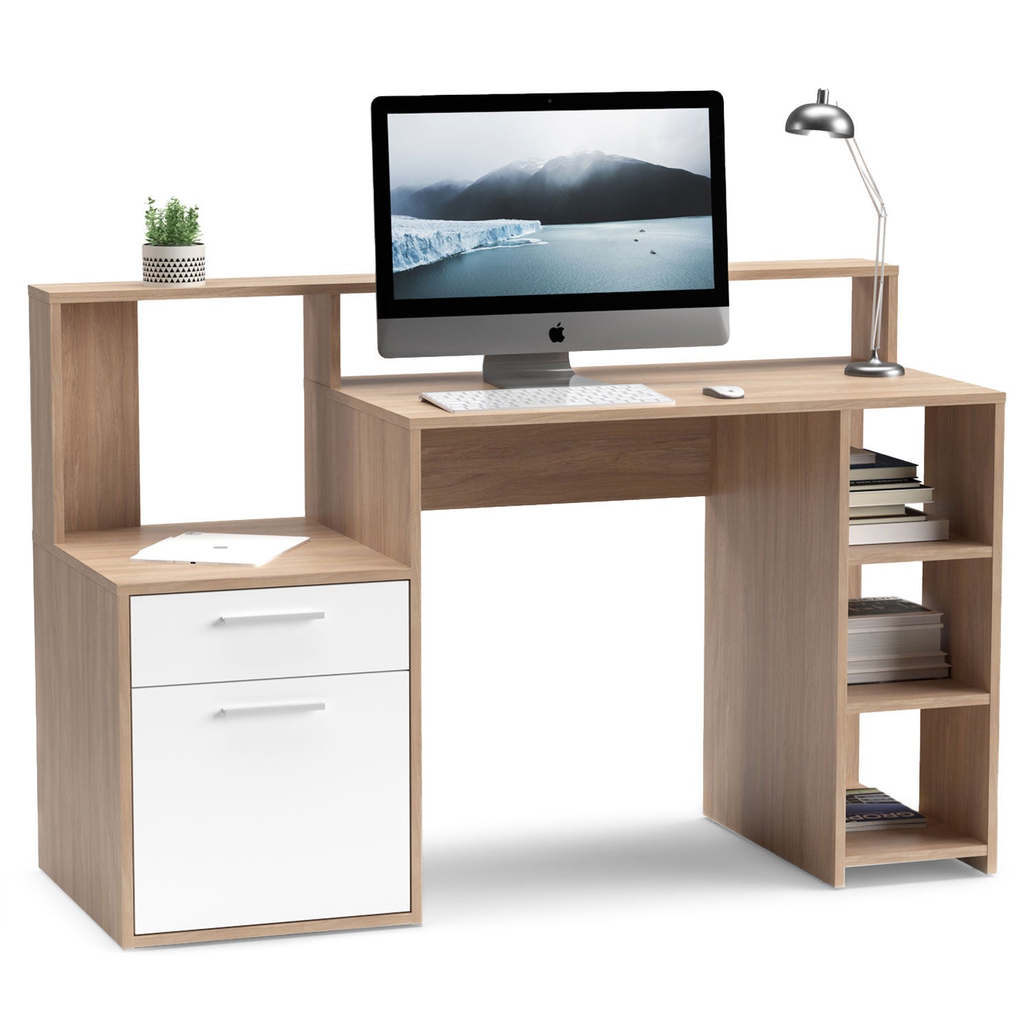 Bureau avec étagères, porte et tiroir L138,5cm Pacolo Bois clair et Blanc
