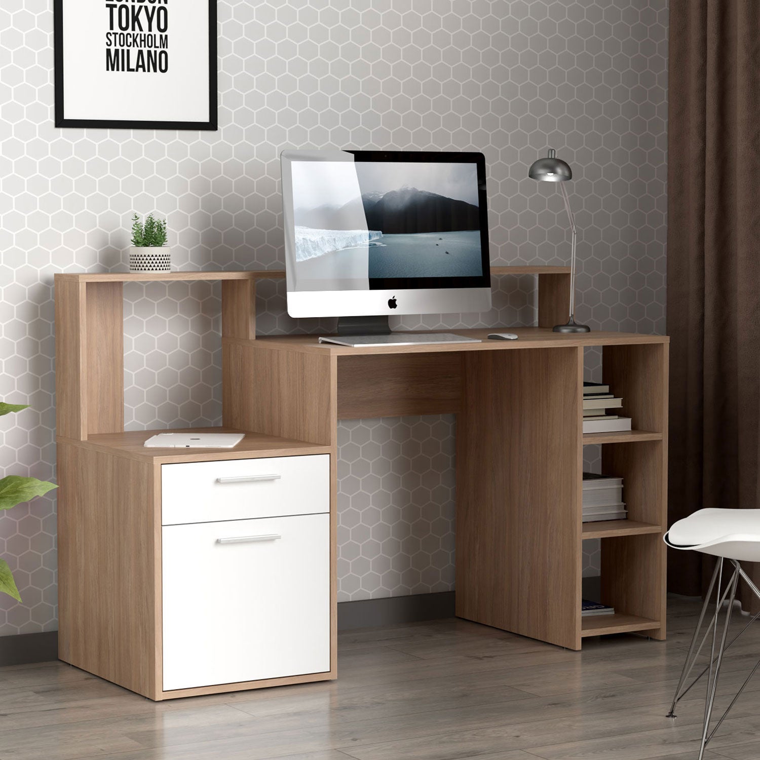 Bureau avec étagères, porte et tiroir L138,5cm Pacolo Bois clair et Blanc