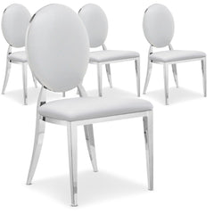 La chaise Sofia blanche, avec son dossier oval rembourré et ses pieds en métal brillant