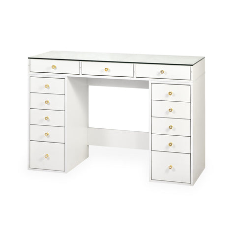 Coiffeuse moderne avec 13 tiroirs et plateau en verre transparent L120cm Probeauty Blanc