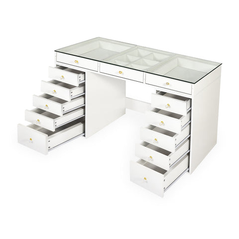 Coiffeuse moderne avec 13 tiroirs et plateau en verre transparent L120cm Probeauty Blanc