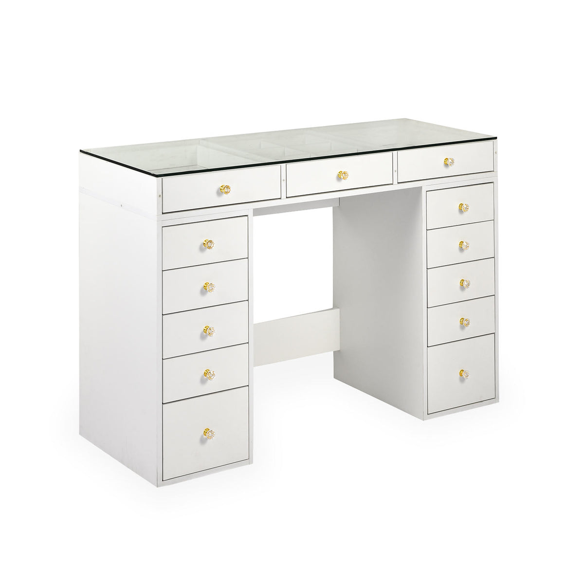 Coiffeuse moderne avec 13 tiroirs et plateau en verre transparent L120cm Probeauty Blanc
