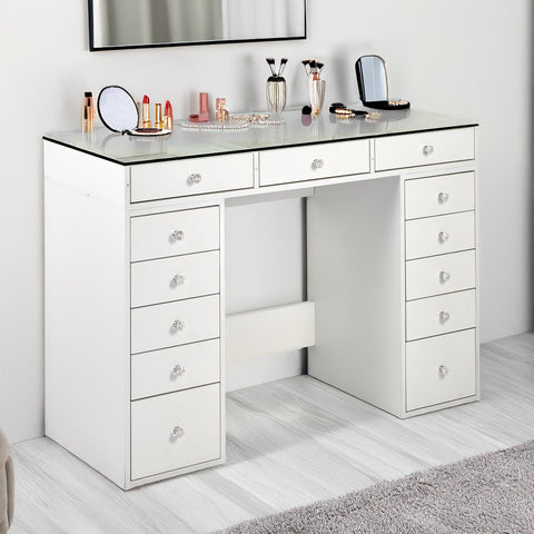 Coiffeuse moderne avec 13 tiroirs et plateau en verre transparent L120cm Probeauty Blanc